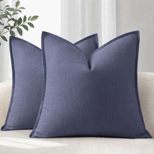 YCOLL Housse de Coussin 50x50 Lot de 2 Douces et Confortables en Lin Naturel, Coussin de Canapé Uni, Housses Modernes avec Bordure, Coussin Décoratif pour Canapé, Lit et Salon Bleu Ardoise
