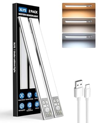 XLYS Under Cabinet Lighting Wireless with Function Display, 2200 mAh Rechargeable Closet Lights Motion Sensored, 3 Color Temps & Dimmable LED Under Counter Lights for Kitchen, Stairs, Bedroom (2 Pack)