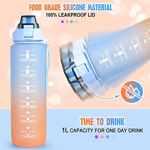 Motivational Water Bottles 1L BPA Free, Sport Drinks Jug with Time Marking & Lock Cover, Leak Proof Water Bottle with Straw and Brush, Portable Strap Blue Water Bottle with Brush