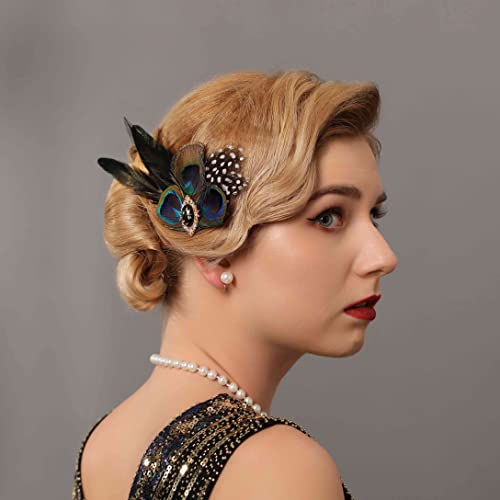 Fashey Flapper Headpiece Peacock Feather Hair Clip 1920S 1920S Headpiece For Women Feather Barrettes 20S Great Gatsby Hair Pin Pearl Peacock Feather Hair Band Black Rhinestone Art Deco Feather Cocktails Hair Accessories For Women And Girls #TOP3
