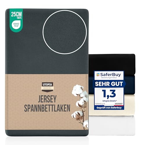 Utopia Bedding Jersey-Spannbetttuch - Poly-Baumwolle - 35 cm Tiefe Tasche (180 x 200 cm, Anthrazit)