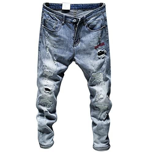 Jean slim bleu clair déchiré homme style hip hop denim patchwork ajustable