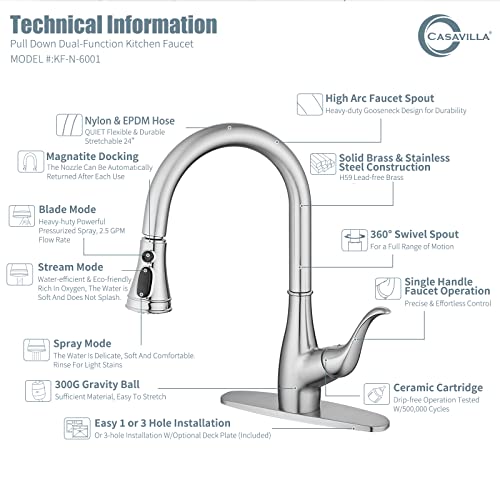 Casavilla Kitchen Faucet With Soap Dispenser, Faucet For Kitchen Sink, Single Handle Stainless Steel Kitchen Sink Faucets With Pull Down Sprayer And Deck Plate, Rv Sink Faucet, Nickel Brushed #TOP7