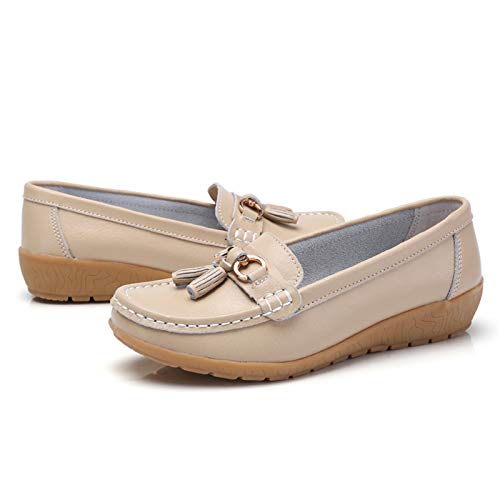 Image of Women Loafers Leather Rubber Sole Slip On Walking Flats Casual Moccasin Boat Shoes