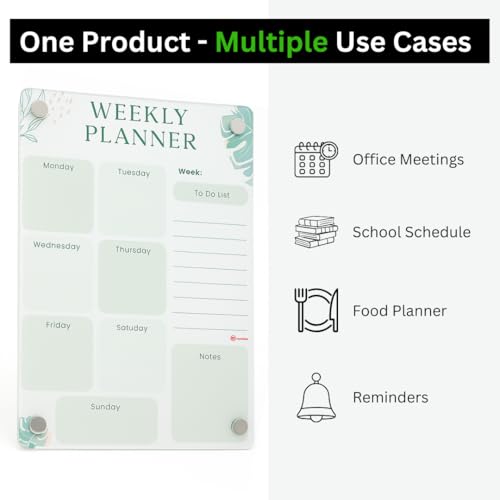 Image of Magnetic Weekly Planner & to-Do Board for Fridge (A4 - 21x30 cm) | Acrylic Dry Erase Chart for Kids & Adults | Strong Magnets, 2 Markers & Eraser Cloth | Meal Plan, Chores & Notes | Green