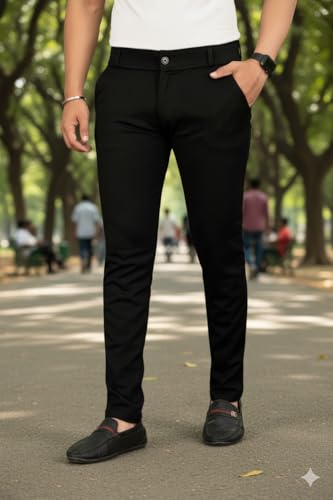 Image of Men's Classic Track Pants, Slim Fit, Lycra Blend Stretchable Business Casual Dress Pants, 4 Pockets, Button and Zipper Closure