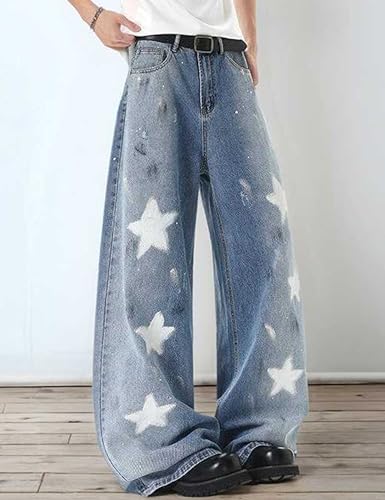 Mens Y2K Jeans Hip Hop Baggy Star Denim Pants Streetwear Wide Leg Loose Graphic Jeans Trousers4