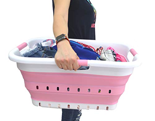 Sammart 41L (10.8 Gallon) Set Of 2 Collapsible 3 Handled Plastic Laundry Basket -Foldable Pop Up Storage Container/Organizer-Space Saving Hamper/Basket (2, White/Pink) #TOP5