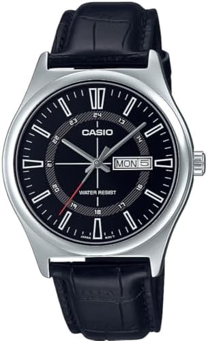 Casio MTP-V006L-1C Men's Leather Band 24 Hour Black Index Dial Day Date 3-Hand Analog Watch