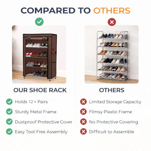 Image of Metal Shoe Stand with Cover, 4 Tier Shoe Organizer for Home & Office - Brown