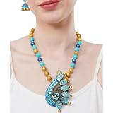 Fabrica Kraft Blue Clay Terracotta Jewelry Set for Women β Handcrafted Peacock Leaf Pendant with Matching Earrings, Bohemian Ethnic Statement Jewelry, Perfect for Parties, Festivals & Gifting