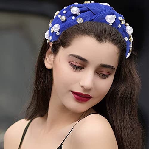 Glbcc Pearl Headband Sparkly Rhinestone Pearls Knot Hairband Wide Knotted Headband Headpiece Spring Summer Pink Black Headbands Headwear Accessories (Royal Blue Knot Hairband) #TOP7