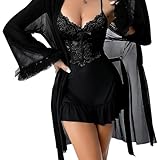 Bwuikim Damen Dessous, Spitzen Babydoll Nachthemd mit langärmeligem Robe Set, Nachtwäsche, Netz Nachthemd