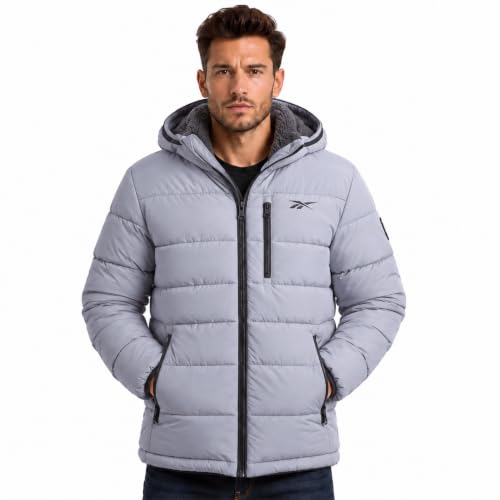 Image of Reebok Mens Winter Jacket - Heavyweight Sherpa Lined Puffer Parka Mens Winter Coat - Insulated Quilted Ski Jacket for Men, Grey, Large
