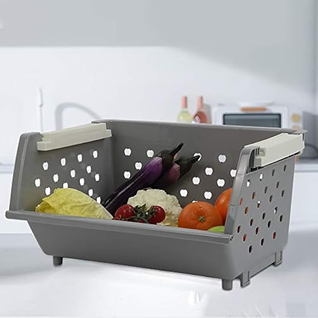 4-Pack Plastic Stacking Storage Basket, Stackable Organizer Bin, Gray