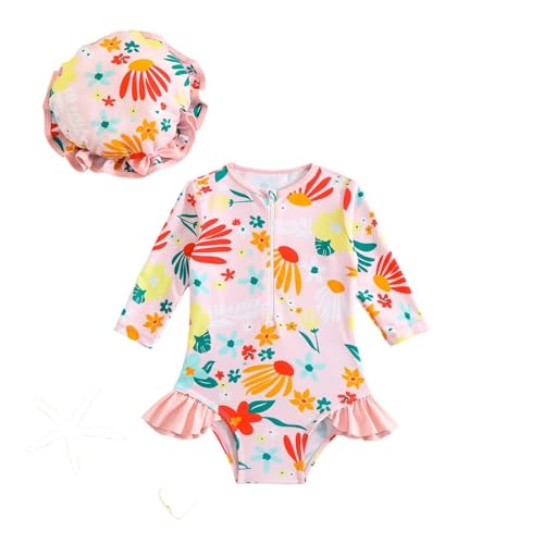 Traje de baño de una Pieza para bebé y niña, Estampado Floral, con Sombrero de Manga Larga antirrayos UV