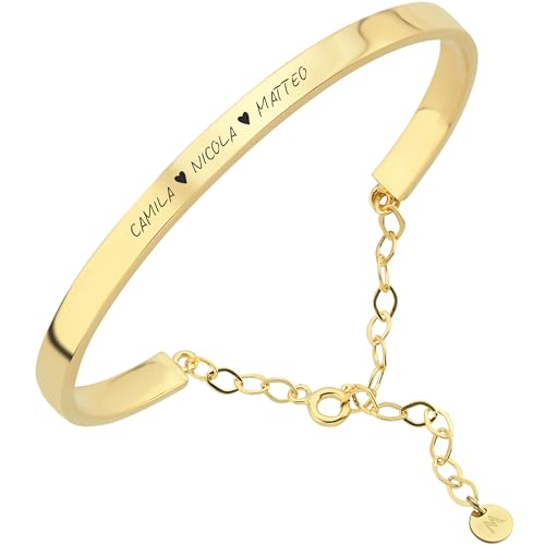 MIONZA 18K Gold Vermeil Personalized Bangle Bracelet for Women, Custom Engraved Cuff with Personal Text (Style 3)