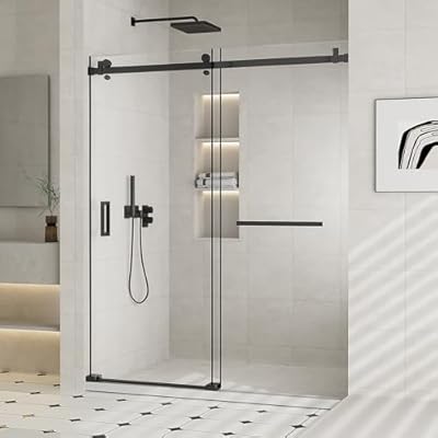 AVKENOEDY 60''W x 74''H Frameless Sliding Shower Door Glass Shower Door with 1/4''(6mm) Clear SGCC Tempered Glass,Explosion-Proof Film,Two Stainless Handles,Stainless Steel Hardware, Matte Black