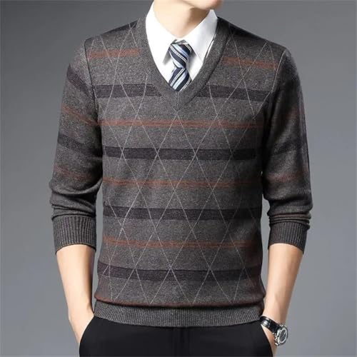 Men’S V-Neck Pullover Sweater Striped Patchwork Loose Fit Casual Long Sleeve Thick Knitted Top2