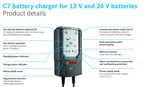 Image of Bosch C7 Intelligent and Automatic Battery Charger (12V-24V /7A) with AU Style Plug for Lead-Acid, Wet, Gel, EFB and AGM Batteries Used in Various Vehicles