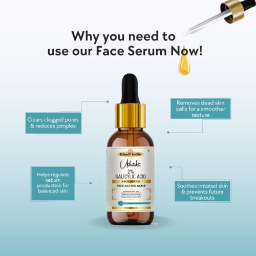 Image of khadi 2% Salicylic Acid Face Serum for Active Acne, Oil Control, Blackhead Removal, Pore Minimizing BHA Serum for Oily & Acne-Prone Skin, 30ml