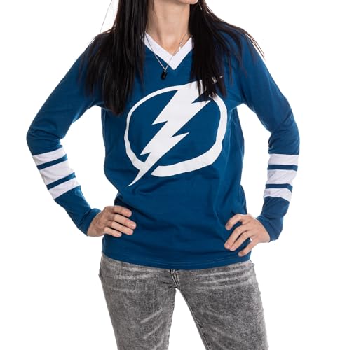 Calhoun NHL Women's V-Neck Varsity Long Sleeve Shirt (Tampa Bay Lightning, Small)