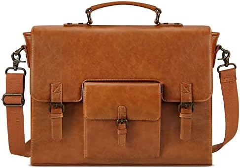 Leather Messenger Bag for Men 15.6 Inch Waterproof Vintage Leather Laptop Briefcase Large Satchel Shoulder Bag Office Travel College Computer Laptop Bag, Brown