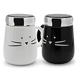 Koolkatkoo Ceramic Cat Coffee Mugs with Mirror Lid Set for Women Girls Cute Tea Cup Coffee Mug 16 oz Black and White