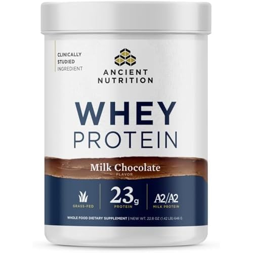 Ancient Nutrition Grass Fed Whey Protein, Milk Chocolate, 23g Protein, 20 Servings, Hydrolyzed Collagen Peptides, Organic Regenerative A2/A2 Milk Protein