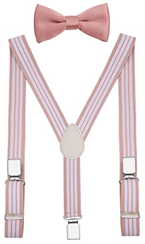 Pzle Men's Suspenders And Bow Tie Set Adjustable Elastic 47 Inches Pink White Stripe #TOP4