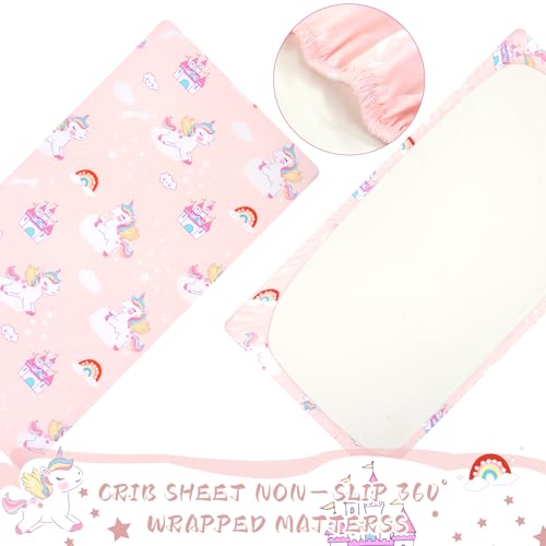 Image of Cloele Unicorns Fitted Crib Sheets,Pink Castle Unicorns, 1 Pack,52x28in | Baby Crib Sheets, For Standard Crib and Toddler Mattresses, Nursery Bed Sheet, For Baby Girls
