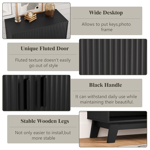 Image of Shoe Cabinet Storage for Entryway, 5 Tier Fluted Shoe Storage Cabinet with Wooden Legs, Narrow Hidden Shoe Organizer with Adjustable Shelves, Freestanding Shoe Rack for Entryway, Hallway, Black