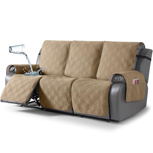 Image of TAOCOCO 100% Waterproof Recliner Sofa Cover, Non Slip Split Couch Covers for Reclining Couches with Elastic Straps, Washable Reclining Sofa Cover Furniture Protector for Kids Pets(3 Seater, Camel)