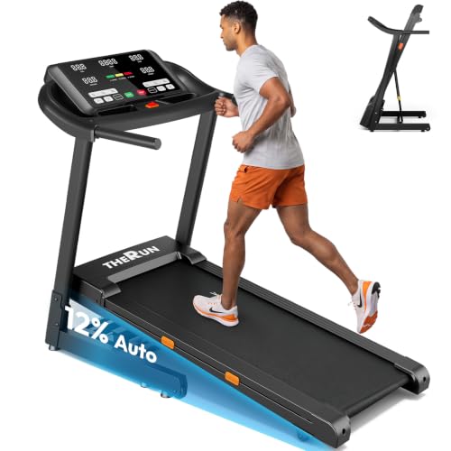 THERUN Incline Treadmill, 0-12% Auto Incline Treadmill for Running and Walking, 300 lbs Weight Capacity, Wide Belt,3.0HP,18" LED Screen, 2 Layers Shock-Absorbing, Orange Black