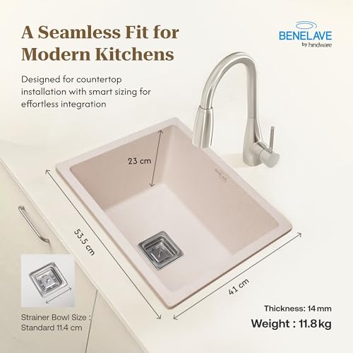Image of Benelave by Hindware BLACP91007 Quartz Sink 21x18 for Kitchen | Single Bowl | Peach Aura Color | Better Sound Absorption for Quieter Use | 7-year Manufacturer Warranty