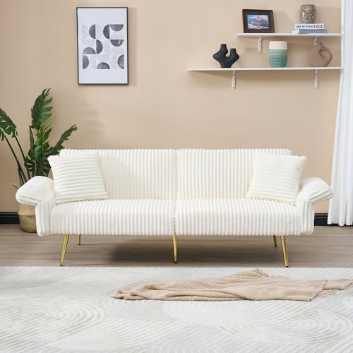 Zentrava 79″ White Corduroy Futon Sofa Bed, Convertible Folding Sleeper