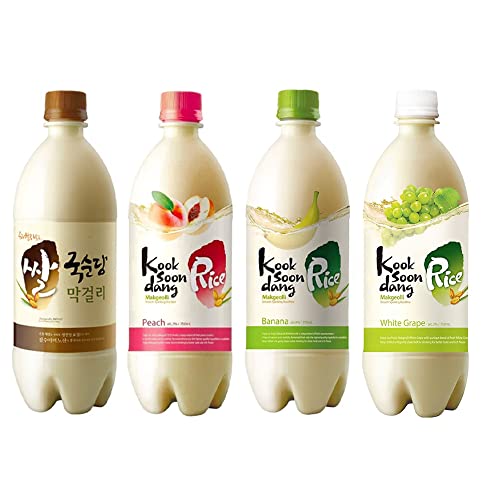 Let's Go Market Kooksoondang Flavoured Rice Makgeolli - Assorted 4 Flavours (Original, Peach, Banana, White Grape) 750ml Bottle x4