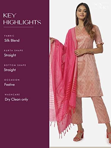 Image of SAAKI by Samantha Ruth Prabhu Beige and Red Printed Kurta Bottom Dupatta Set for Women | Silk Blended Kurta Set | Casual Wear, (Beige and Red Set, Pack of 3)