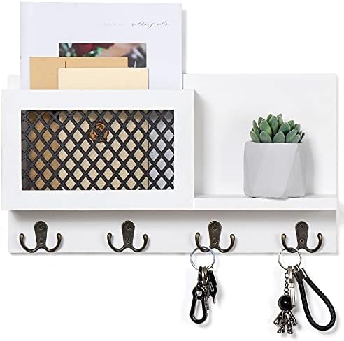 Key and Mail Holder for Wall Decorative - Rustic Mail Organizer Wall Mount, Wooden Letter Sorter Organizer with 4 Key Rack Hooks for Hallway Kitchen Farmhouse Decor (16.5” x 9.1” x 3.4”) (White)