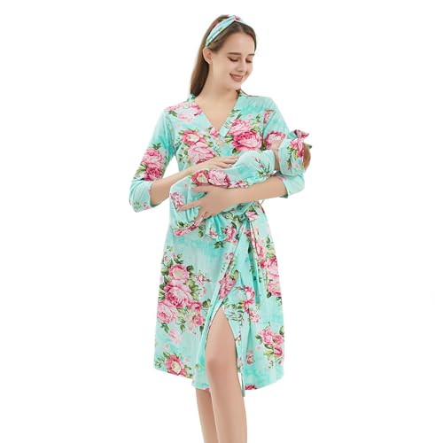 Image of Galabloomer Maternity Robe and Baby Receiving Blanket, Matching Mommy Labor Delivery Robe and Swaddle Set