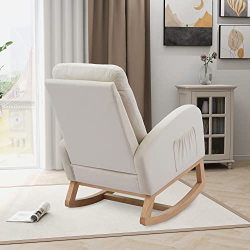 Setawix Rocking Chair For Nursery, Midcentury Modern Velvet Accent Rocker Armchair With Side Pocket, Upholstered High Back Wooden Rocking Chair For Living Room Baby Room Bedroom, Beige #TOP3