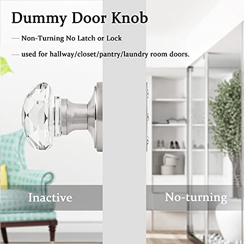 Orger Dummy Crystal Door Knobs With Diamond Shape In Satin Nickel Finish, Inactive Non-Turning Single Side Interior Dummy Handles For French Door/Cloakroom, 2 Pack #TOP3