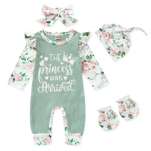 Image of GRNSHTS Newborn Baby Girl Romper Infant Letter Print Jumpsuit Floral Bodysuit+Hat+Headband+Gloves Coming Home Clothes Outfits