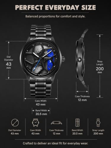 Image of V2A Men's Analog Automotive Inspired Wheel Rim Design Wrist Watch | Stainless Steel Bracelet| Quartz Movement | 30M Water Resistant | Premium Black Metal Strap Watch for Men | Casual & Formal