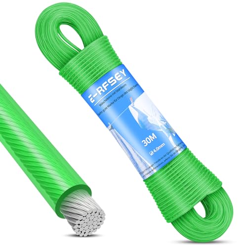 Cuerda para Tender de 30 m con núcleo de Acero para Exteriores, Resistente a la corrosión y al Agua, tendedero Extra Fuerte con una Capacidad de Carga de 120 kg, para jardín Verde
