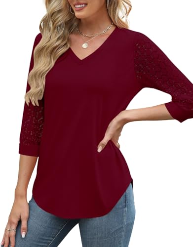 Cicy Bell Women's Blouses V-Neck 3/4 Lace Sleeve Tops for Business & Casual Wear Wine Red, Large
