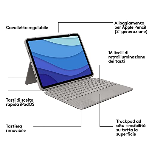 Logitech Combo Touch Clavier et étui avec trackpad rétroéclairé Apple Smart connector QWERTY Italien sable pour Apple 11 inch iPad Pro 1ère génération 2e génération 3ème... - vue 6