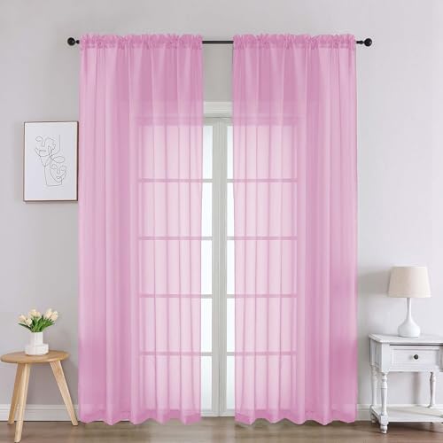 Image of Chyhomenyc Pink Sheer Curtains 90 Inches Long 2 Panels, Light Filtering Pink Curtains for Living Room, Soft Gentle Voile Rod Pocket Bedroom Window Drapes, 59Wx90L Inch, 2PCS