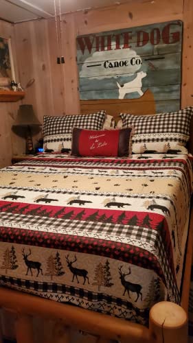 Chesity Rustic Quilt Bedding Set King Size Quilt Bedspread Plaid Quilts Lodge Cabin Bedding Coverlet Black Deer Bear Paw Printed Reversible Lightweight Black White Patchwork Bed Cover Country Decor #TOP7