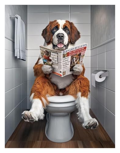 Cadeau proprietaire animal : affiche salle de bain humour de chien lisant journal sur toile